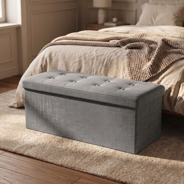 Fiókos tárolóval ellátott, téglalap alakú, összecsukható puff, 110 × 38 × 38 cm, szürke