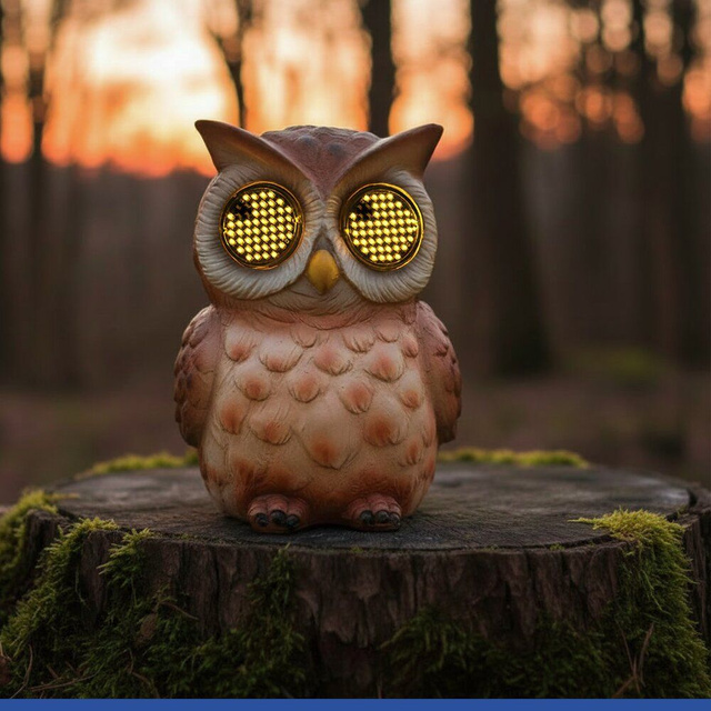Napelemes kerti figura, LED villogó szemű bagoly, 13 cm