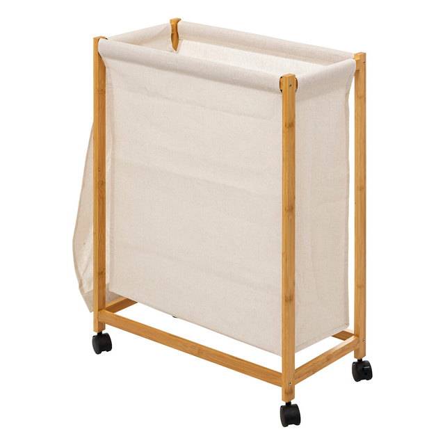Keskeny, kerekes mosókosár, textil zsák és bambusz keret, 55 x 28 x 80 cm