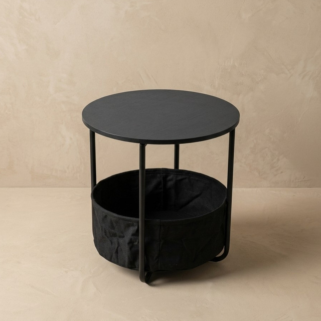 Kerek segédasztal kosárral, Ø 45 cm × 50 cm, fekete