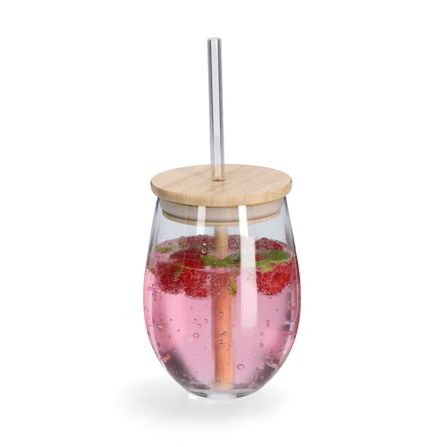 Üveg pohár üveg szívószállal és bambusz fedéllel, 500 ml