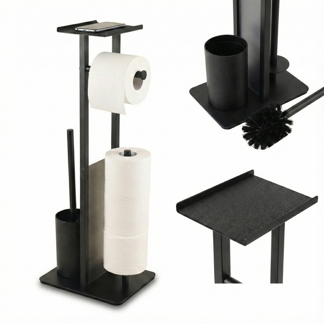 WC-papírtartó és WC-kefe állvány telefonállvánnyal HYLLA, 65 cm, fekete